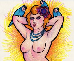 1girls 2010 adolf_hitler bird breasts decadentdeath eva_braun female female_only feral hands_behind_head human nazi necklace nipples nude pale_skin parrot perched pose real_person solo_focus sspirate tagme