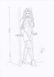 boots breasts casual_exposure door doorway emma_frost female female_only human light_hair light_skin marvel monochrome nipples panties solo tagme tim_grayson topless walking white_queen x-men