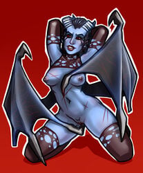 akasha arms_behind_head arms_up black_eyes black_gloves black_hair black_legwear blue_skin breasts demon_wings dota_2 elbow_gloves female fizzz gloves horns long_hair navel nipple_piercing nipples parted_lips pose pubic_hair pussy queen_of_pain red_background red_sclera scar simple_background smile solo thighhighs vaginal_insertion vaginal_penetration wings