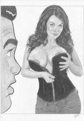 breasts cleavage clothing corset dahlia_dark dark_hair erica_durance female human large_breasts light_skin male marvel mary_jane_watson monochrome peter_parker spider-man spider-man_(series) standing straight_hair tagme tim_grayson undressing white_background