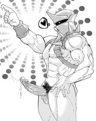 1boy bara chrono_cross clothed cum_string erect_penis erection from_side helmet male male_focus male_only muscle muscles pointing pubic_hair tagme yaoi zoah