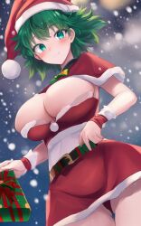 1girls ai_generated blush breasts christmas christmas_outfit cleavage female_deku fur_trim genderswap gift green_hair izuku_midoriya light_blue_eyes medium_breasts merukuma my_hero_academia rule_63 santa_costume santa_hat smile snow stable_diffusion tagme