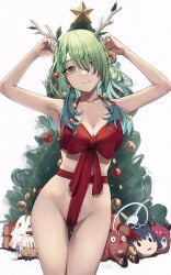 beauty_mark bow bow_bikini ceres_fauna christmas christmas_tree earrings green_hair hair_over_one_eye hakos_baelz hololive hololive_english hololive_english_-council- hololive_english_-promise- horns irys looking_at_viewer mostly_nude nail_polish nanashi_mumei ornament ouro_kronii pov simple_background single_braid tsukumo_sana virtual_youtuber white_background wrapping_paper wrappings yellow_eyes