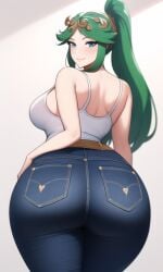 ai_generated ass_focus blue_eyes curvy curvy_figure gigantic_ass green_hair high_waisted_pants huge_ass huge_breasts jeans kid_icarus kid_icarus_uprising long_hair looking_at_viewer nai_diffusion nintendo palutena ponytail seductive_smile shiny_hair stable_diffusion voluptuous white_tank_top