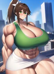 1girls abs ai_generated bare_arms bare_legs bare_midriff bare_shoulders bare_thighs biceps blush breasts broad_shoulders brown_hair building city city_background cityscape cleavage crop_top day giant giantess gigantic_breasts gigantic_thighs green_crop_top green_eyes green_tank_top grin huge_breasts large_breasts large_thighs looking_at_viewer macro massive_breasts massive_thighs midriff miniskirt muscle muscles muscular muscular_arms muscular_female muscular_legs muscular_thighs nai_diffusion ponytail seducing seduction seductive seductive_eyes seductive_gaze seductive_look seductive_mouth seductive_pose seductive_smile short_skirt sitting size_difference skirt smile stable_diffusion steam steaming_body sweat sweatdrop sweating sweaty sweaty_body sweaty_breasts tank_top teeth teeth_showing teeth_visible thick_arms thick_thighs thighs voluptuous voluptuous_female white_skirt wide_hips