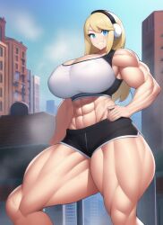 1girls abs ai_generated bare_arms bare_legs bare_midriff bare_shoulders bare_thighs biceps black_shorts blonde_hair blue_eyes blush breast_expansion breasts broad_shoulders building city city_background cityscape cleavage crop_top day dolphin_shorts giant giantess gigantic_breasts gigantic_thighs grin hand_on_hip headphones huge_breasts huge_thighs large_breasts large_thighs looking_at_viewer macro massive_breasts massive_thighs midriff midriff_baring_shirt muscle muscle_growth muscle_tone muscles muscular muscular_arms muscular_female muscular_legs muscular_thighs nai_diffusion seducing seduction seductive seductive_eyes seductive_gaze seductive_look seductive_mouth seductive_pose seductive_smile short_shorts shorts size_difference smile stable_diffusion steam steaming_body sweat sweatdrop sweating sweaty sweaty_body sweaty_breasts tank_top teeth teeth_showing teeth_visible thick_arms thick_thighs thighs white_crop_top white_tank_top