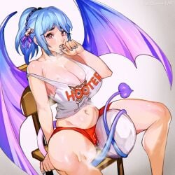 areola_slip belly biting blue_hair breasts chair cleavage clothed_masturbation clothes_writing commission copyright_request crotch_rub demon_girl demon_tail demon_wings employee_uniform female female_masturbation finger_biting finger_in_own_mouth heart heart-shaped_pupils highres hooters huge_breasts keigi keigi_(artist) kurono_kurumu looking_at_viewer masturbation masturbation_through_clothes medium_hair navel no_bra orange_shorts ponytail prehensile_tail purple_tail purple_wings pussy_juice pussy_juice_stain red_eyes rosario+vampire short_shorts shorts sitting solo spread_legs strap_slip succubus succubus_tail succubus_wings symbol-shaped_pupils tail tank_top thick_thighs thighs tray uncommon_stimulation uniform waitress wings