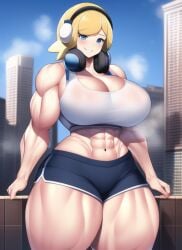 1girls abs ai_generated bare_arms bare_legs bare_midriff bare_shoulders bare_thighs biceps blonde_hair blue_eyes blue_shorts blush breast_expansion breasts broad_shoulders building city city_background cityscape cleavage crop_top day dolphin_shorts giant giantess gigantic_breasts gigantic_thighs grin headphones headphones_around_neck huge_breasts huge_thighs large_breasts large_thighs looking_at_viewer macro massive_breasts massive_thighs midriff midriff_baring_shirt muscle muscle_growth muscle_tone muscles muscular muscular_arms muscular_female muscular_legs muscular_thighs nai_diffusion seducing seduction seductive seductive_eyes seductive_gaze seductive_look seductive_mouth seductive_pose seductive_smile short_shorts shorts size_difference smile stable_diffusion steam steaming_body sweat sweatdrop sweating sweaty sweaty_body sweaty_breasts tank_top teeth teeth_showing teeth_visible thick_arms thick_thighs thighs wet_clothes wet_clothing wet_shirt white_crop_top white_tank_top