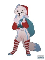 animal_genitalia anthro arctic_fox balls bedroom_eyes bite biting_lip blue_markings canid canine christmas christmas_clothing christmas_headwear clothing dipstick_tail footwear fox fur furry furry_only genitals half-closed_eyes hat headgear headwear hi_res holidays legwear leto_(letodoesart) letodoesart male male_only mammal markings narrowed_eyes pattern_clothing pattern_footwear pattern_legwear pattern_socks red_clothing sack santa_hat seductive sheath socks solo standing striped_clothing striped_footwear striped_socks stripes tail tail_markings thigh_highs