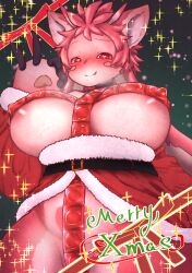 5_fingers aged_up animal_ears anthro areola_slip big_breasts blush christmas christmas_outfit condom condom_packet_strip condom_wrapper convenient_censoring fellatio_gesture female female_only fur heart-shaped_pupils hi_res horny horny_female humanoid looking_at_viewer made_in_abyss mitty nanachidaisuki narehate nipple_bulge pawpads pink_eyes pink_hair plump smile solo tongue_out wearing_condom whiskers