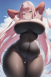 1girls ai_generated black_bodysuit blue_eyes blush bodysuit darling_in_the_franxx female handwear huge_belly huge_breasts huge_hips huge_thighs large_breasts large_hips large_thighs looking_at_viewer pink_hair red_handwear stable_diffusion wide_hips wide_thighs yo_dayo_(ai) zero_two_(darling_in_the_franxx)