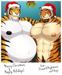 2022 anthro areolae asyr big_belly big_chest big_pecs black_areola black_fur black_nipples black_penis blue_eyes brown_facial_hair brown_fur brown_hair christmas christmas_hat christmas_headwear coach_night dream_and_nightmare duo english_text facial_hair father father_and_child father_and_son glasses happy_holidays holidays male male_only merry_christmas mistletoe muscular muscular_anthro muscular_male night_(dream_and_nightmare) nipples orange_body orange_fur overweight overweight_anthro overweight_male parent pecs penis penis_outline pink_areola pink_nipples protruding_nipples pubic_hair son striped_fur stripes text tiger white_body white_fur