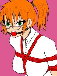 1girls angry_eyes angry_face ball_gag clothed clothing female female_only fully_clothed glasses green_eyes masterhentai666xxx orange_hair ponytail rope rope_bondage shinafune_(zarah) solo white_shirt