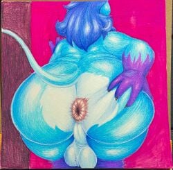 absurd_res against_surface against_wall anthro anus ass backsack ball_tuft balls big_anus big_butt blue_body blue_fur blue_hair butt_grab chubby_anthro chubby_male claws countershading fur genitals hair hand_on_butt hi_res huge_butt long_tail looking_away male nood1e overweight overweight_anthro overweight_male perineum presenting presenting_anus presenting_hindquarters simple_background slightly_chubby solo spread_anus spread_butt spreading stevo_(nood1e) stretched_anus thick_thighs traditional_media_(artwork) tuft wide_hips