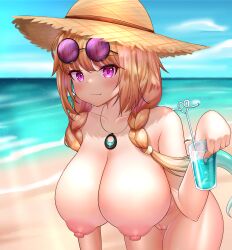 aqua_background arknights beach big_nipples breasts clavicle cleft_of_venus completely_nude deaver doctor_(arknights) drink drinking_glass drinking_straw eyewear_on_head female glasses_on_forehead hairless_pussy hanging_breasts hat holding_drink holding_glass holding_objet huge_nipples looking_at_viewer mound_of_venus necklace nipples nude pout puffy_nipples purple-tinted_eyewear purple_eyes round_glasses skin_fang small_but_busty solo solo_female straw_hat subtle_pussy sunglasses_on_head tsurime utage_(arknights) vagina water