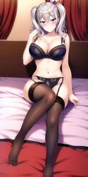 1girls ai_generated anime_lingerie big_breasts black_stockings blue_eyes blue_lingerie breasts curtains female female_only front_view garter_belt garter_straps half-closed_eyes hi_res in_bed kantai_collection kashima_(kantai_collection) leg_lift nai_diffusion pale-skinned_female ponytail red_bed_sheet red_curtains seductive_look seductive_smile smile smiling_at_viewer solo solo_female stable_diffusion stockings tagme white_hair