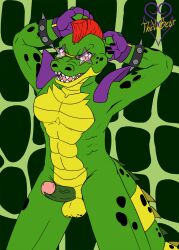 alligator alligatorid animatronic anthro balls boner clothing crocodilian erection eyewear fingerless_gloves five_nights_at_freddy's five_nights_at_freddy's:_security_breach foreskin genitals glasses gloves green_body hair handwear hi_res humanoid_genitalia looking_at_viewer machine male male_only mohawk montgomery_gator_(fnaf) muscular muscular_anthro muscular_male nude pecs penis red_eyes red_hair reptile robot scalie scottgames shoulder_pads smile solo sunglasses swimwear teeth thevgbear vein veiny_penis video_games