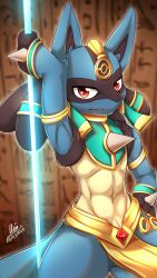 2020 4k 9:16 absurd_res anthro balls blue_body blue_fur blurred_background bottomwear clothed clothing dated elbow_tuft fur generation_4_pokemon genitals glistening glistening_eyes hi_res kewkungzn loincloth looking_at_viewer lucario male male_only mouth_closed nintendo pokémon_(species) pokemon pokemon_(species) portrait red_eyes signature solo solo_male tan_body tan_fur three-quarter_portrait yellow_bottomwear yellow_clothing yellow_loincloth