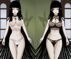 black_hair black_lingerie breasts brown_eyes brown_lipstick brown_nails collar different_colored female female_only hips long_hair looking_at_viewer medium_breasts shablagooo slime smile smiling_at_viewer solo solo_female two_colors white_lingerie white_skin window xxxholic yuuko_ichihara