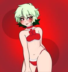 1boy blush bulge bulge_through_clothing christmas clothed femboy gimpo_birdwhistle green_hair male_only red_eyes smile solo solo_male valerednsfw