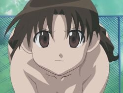 1girls accurate_art_style artist_request ass azumanga_daiou bare_shoulders bent_over big_ass big_butt blue_eyes fence hip_focus large_ass long_hair looking_at_viewer nude nude_female nude_filter official_art outdoors outside please_look_forward_to_it pov screencap screenshot screenshot_edit short_hair solo solo_female swimsuit third-party_edit top-down_bottom-up wide_hips yukari_tanizaki