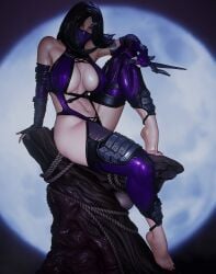 3d 3d_(artwork) barefoot big_breasts black_hair black_nail_polish elbow_gloves feet female masked mileena mileena_(mk9) mortal_kombat mortal_kombat_(2011) no_shoes pearforceone purple_clothing shiny sitting toes yellow_eyes