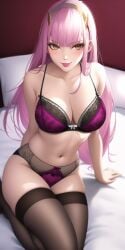 1girls ai_generated anime_lingerie black_stockings breasts cushions darling_in_the_franxx female female_focus female_only hands_on_bed huge_breasts in_bed large_breasts legs_crossed light-skinned_female long_hair nai_diffusion pale-skinned_female pale_skin pink_hair pink_lingerie pink_wall sitting sitting_on_bed smile solo solo_female solo_focus stable_diffusion tagme thick_thighs thighhighs tiara white_bed_sheet yellow_eyes zero_two_(darling_in_the_franxx)