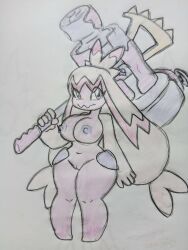 3:4 absurd_res big_breasts breasts female genitals hi_res holding_object holding_weapon looking_at_viewer nintendo nipples pokémon_(species) pokemon pokemon_(species) pokemon_sv pussy short_stack shortstack silvershield88 solo thick_thighs tinkaton traditional_media_(artwork) weapon wide_hips