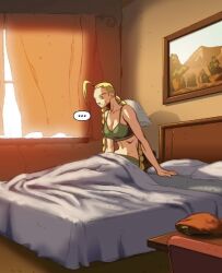 1girls arnold_tsang blonde_hair braided_twintails breasts british cammy_white capcom comic_panel european female female_only fully_clothed green_bra long_twintails petite seductive_look solo street_fighter twintails udon_entertainment underwear waking_up