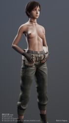 1girls 3d belt breasts casual casual_topless clothing drills3d exposed_breasts exposed_nipples female footwear handwear human pale_skin rebecca_chambers resident_evil selfdrillingsms short_hair solo_female topless_female