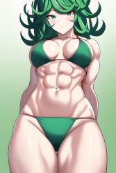 1girls abs ai_generated blush blushing female_only green_bikini green_eyes green_hair looking_at_viewer muscles muscular muscular_female nai_diffusion one-punch_man rubycks solo solo_female stable_diffusion tatsumaki