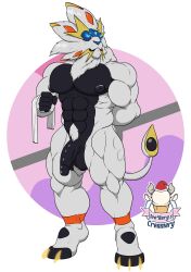 1ceberg absurd_res anthro balls big_pecs erection felid generation_7_pokemon genitals hand_behind_back hi_res legendary_pokemon male male_only mammal mane muscular muscular_male nintendo nipples nude pecs pokémon_(species) pokemon pokemon_(species) solgaleo solo standing towel waiter white_body