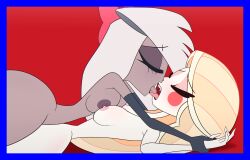 2demons 2girls aobacarry bait blonde_hair breast_docking breast_press breasts canon_couple charlie_morningstar_(hazbin_hotel) dark-skinned_female dark_skin demon demon_girl fake_border fangs female female_only french_kiss hand_holding hazbin_hotel kissing laying_down long_hair misleading_thumbnail multiple_girls naked nipples nude nude_female pale-skinned_female pale_skin red_background vaggie_(hazbin_hotel) white_hair yuri