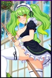 1girls accurate_art_style braless broom_handle crush_crush green_hair large_breasts licking_lips maid_uniform masturbation no_panties pussy pussy_juice sad_panda_studios thighhighs upskirt wet_pussy willow_(crush_crush) yellow_eyes