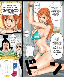 1girls 2boys angry ass azlight69 big_ass bikini bikini_bottom bondage breasts brown_eyes celestial_dragon chains cleavage comic cuffs earrings female femsub handcuffs japanese_text kneeling large_breasts long_hair male maledom midriff nami nami_(one_piece) nervous no_pants one_piece open_mouth orange_hair post-timeskip restrained saint_charlos scared slave sweat swimsuit tattoo text translated ugly_bastard wrist_cuffs