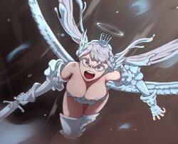 1girls armor big_breasts black_clover breasts cleavage female female_only flying large_breasts long_hair lsr_lmao mermaid noelle_silva princess royalty screaming seductive_look seductive_pose solo twintails