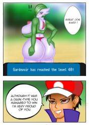 ass black_hair cleavage_overflow game_freak gardevoir hands_on_ass hat huge_ass lowres nintendo panels pokémon_(species) pokemon pokemon_(species) red_eyes sh3ar sideboob speech_bubble tagme text