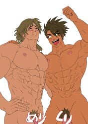 2boys abs arm_up big_pecs blush brown_eyes brown_hair brown_skin censored circlet completely_nude dark-skinned_male dark_hair dark_skin facial_scar flaccid frown gaolang_wongsawat hair_over_one_eye hand_on_another's_shoulder hand_on_hip hinakine kengan_(series) kengan_ashura long_hair_male looking_at_viewer low-tied_long_hair male male_only male_pubic_hair muscular muscular_male nude open_mouth pecs penis pubic_hair smile tan_skin tied_hair yaoi yellow_eyes yoroizuka_saw_paing