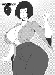 alternate_version_available big_breasts bob_cut cleavage closed_eyes curvy female female_only genderswap_(mtf) hair_intakes hakama hourglass_figure japanese_clothes kaneda_suekichi kengan_(series) kengan_ashura looking_at_viewer monochrome no_bra open_shirt rockie_art rule_63 short_hair smile solo wide_hips