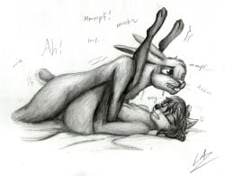 anthro anthro_on_anthro anthro_penetrated anthro_penetrating anthro_penetrating_anthro anvil_position bavillabunn3 bodily_fluids canid canine canis dominant dominant_male dominant_prey duo female from_front_position graphite_(artwork) greyscale hi_res interspecies lagomorph legs_up leporid lupiarts lying male male/female mammal moan monochrome nude on_back paws pencil_(artwork) penetration predator/prey prey_penetrating_predator rabbit sex simple_background submissive submissive_female submissive_predator sweat traditional_media_(artwork) wolf