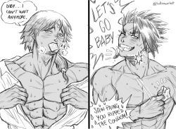 2boys abs blush breath circlet condom condom_in_mouth condom_wrapper dialogue english_text gaolang_wongsawat grin horny imminent_sex kengan_(series) kengan_ashura long_hair_male looking_at_viewer low-tied_long_hair male male_only monochrome multiple_images multiple_scenes muscular muscular_male offscreen_character open_shirt pecs pov satsscarlet smile speech_bubble sweat topless topless_male undressing upper_body wink yoroizuka_saw_paing