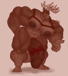 anthro antlers balls bara barazoku bell_harness big_balls big_pecs big_penis cock_ring flaccid furry gab_art male_only muscles muscular penis reindeer ribbon ribbon_on_penis solo solo_male