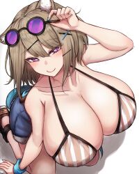 1girls animal_ear_fluff animal_ears animal_humanoid arknights arm_up big_breasts bikini blush breast_focus breasts busty cat_ears chimera cleavage collarbone curvaceous curvy cute female female_only gigantic_breasts glasses hair_between_eyes hairclip half-closed_eyes hand_on_own_head huge_breasts kemonomimi kneeling large_breasts light-skinned_female light_blue_nails light_skin looking_at_viewer massive_breasts medium_breasts medium_hair nail_polish naughty_face on_knees purple_eyes rikuguma seductive seductive_pose seductive_smile shorts smile solo solo_female sunglasses sunglasses_on_head swimsuit tagme tail utage_(arknights) voluptuous