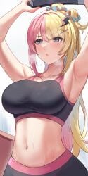 1girls armpits arms_above_head arms_up bare_arms bare_midriff belly_button big_breasts blonde_hair blue_eyes blush breath_cloud breathing dobure18 electronics game_controller joycon_controller kotoka_torahime light-skinned_female light_blush light_skin midriff navel nijisanji nijisanji_en pilates_ring pink_hair ponytail ring_fit_adventure ringcon_controller shorts solo sports_bra sports_shorts sportswear sweat sweatdrop sweating sweaty sweaty_armpits sweaty_belly tied_hair two_tone_hair virtual_youtuber yellow_hair