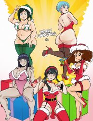 5girls big_breasts bulma_briefs christmas crayon_shin-chan crossover dragon_ball dragon_ball_z female female_only hyuuga_hinata inko_midoriya lingerie milf misae_nohara multiple_girls my_hero_academia naruto spy_x_family tagme terryalec yor_briar