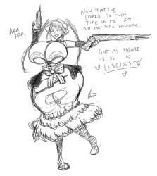 ara_ara areola_slip date_a_live dialogue doodle dress dual_wielding flintlock_pistol glubtastic gothic_lolita heart hourglass_expansion hourglass_figure huge_breasts musket ripped_clothing thick thick_thighs tokisaki_kurumi twintails uneven_twintails