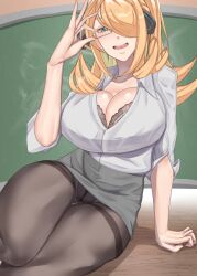 1girls 2022 big_breasts blonde_hair bra cleavage curvaceous curvy_figure cynthia_(pokemon) female_only game_freak glasses highres long_hair nintendo panties pantyhose pokemon pokemon_bw shirosuke115 tagme voluptuous voluptuous_female