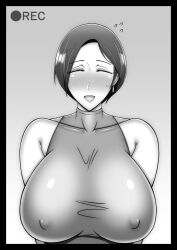 bare_shoulders bodysuit cheating cheating_wife closed_eyes doujinshi earrings female huge_breasts mature_female milf netorare nipple_bulge nipples_visible_through_clothing original plump puni2brain recording short_hair smiling viewfinder voluptuous wife