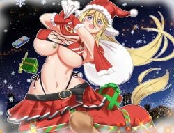 1girls belly_button big_breasts blonde blonde_hair blue_eyes bra breasts centaur centorea_shianus christmas christmas_outfit clothed clothes clothing equid_taur female hair hourglass_figure huge_breasts imaani large_breasts long_hair midriff monster_girl monster_musume_no_iru_nichijou navel nipple_bulge open_mouth present santa_hat solo solo_female taur thin_waist