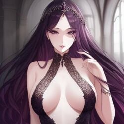 ai_generated black_hair black_lace bracelet castle_background crown female gothic medium_breasts queen